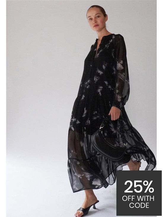 front image of religion-tiered-maxi-shirt-dress-black