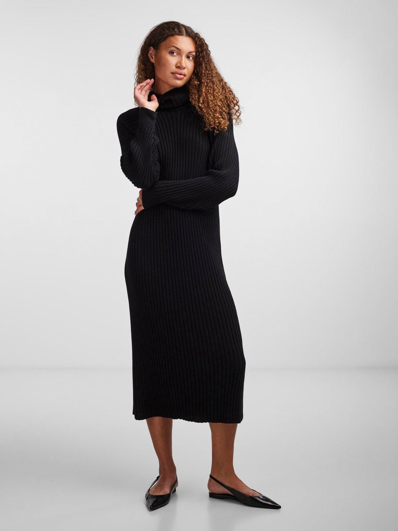 yas-mavi-knitted-long-sleeve-midi-dress-black