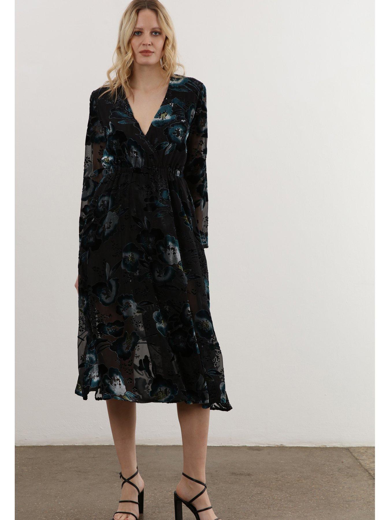 Image 1 of 6 of Religion Velvet Floral Midi Wrap Dress  - Black