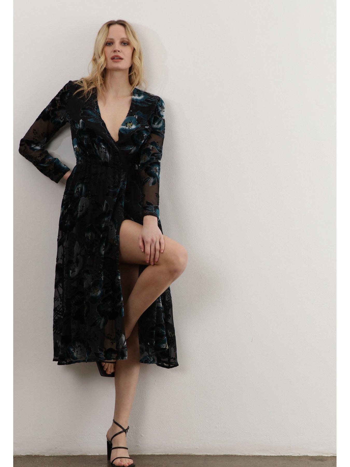Image 2 of 6 of Religion Velvet Floral Midi Wrap Dress  - Black