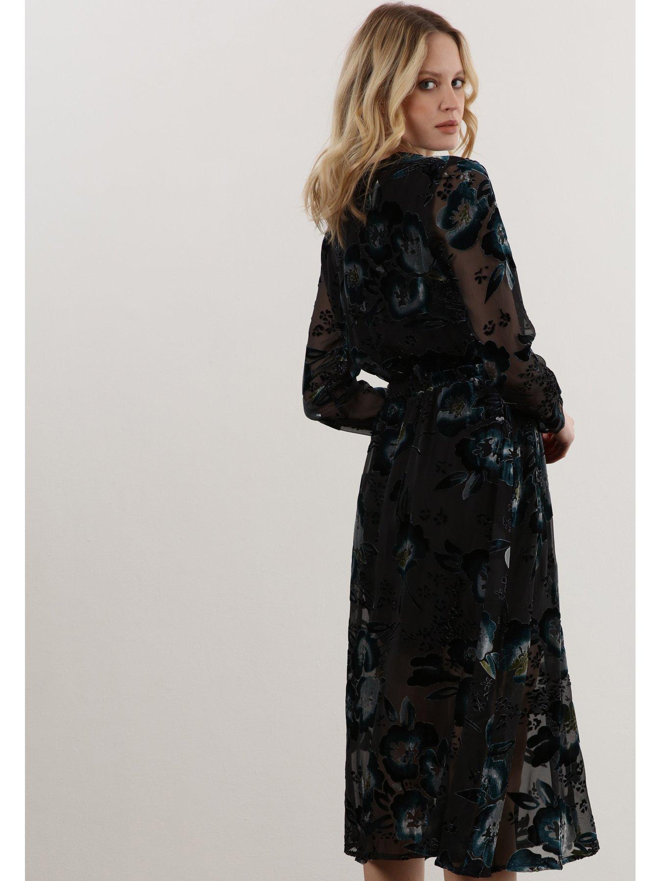 Image 3 of 6 of Religion Velvet Floral Midi Wrap Dress  - Black