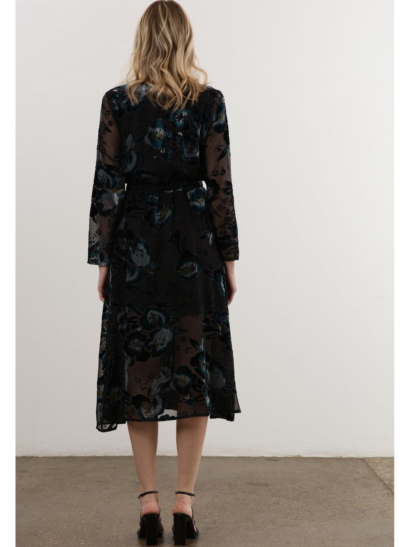Image 4 of 6 of Religion Velvet Floral Midi Wrap Dress  - Black