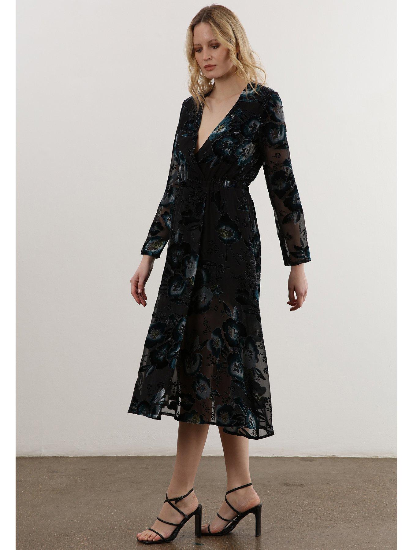 Image 5 of 6 of Religion Velvet Floral Midi Wrap Dress  - Black