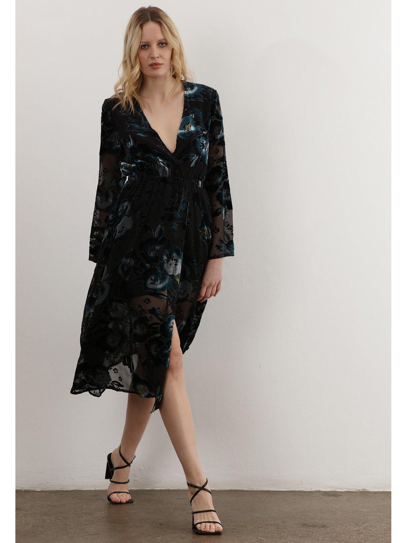 Image 6 of 6 of Religion Velvet Floral Midi Wrap Dress  - Black