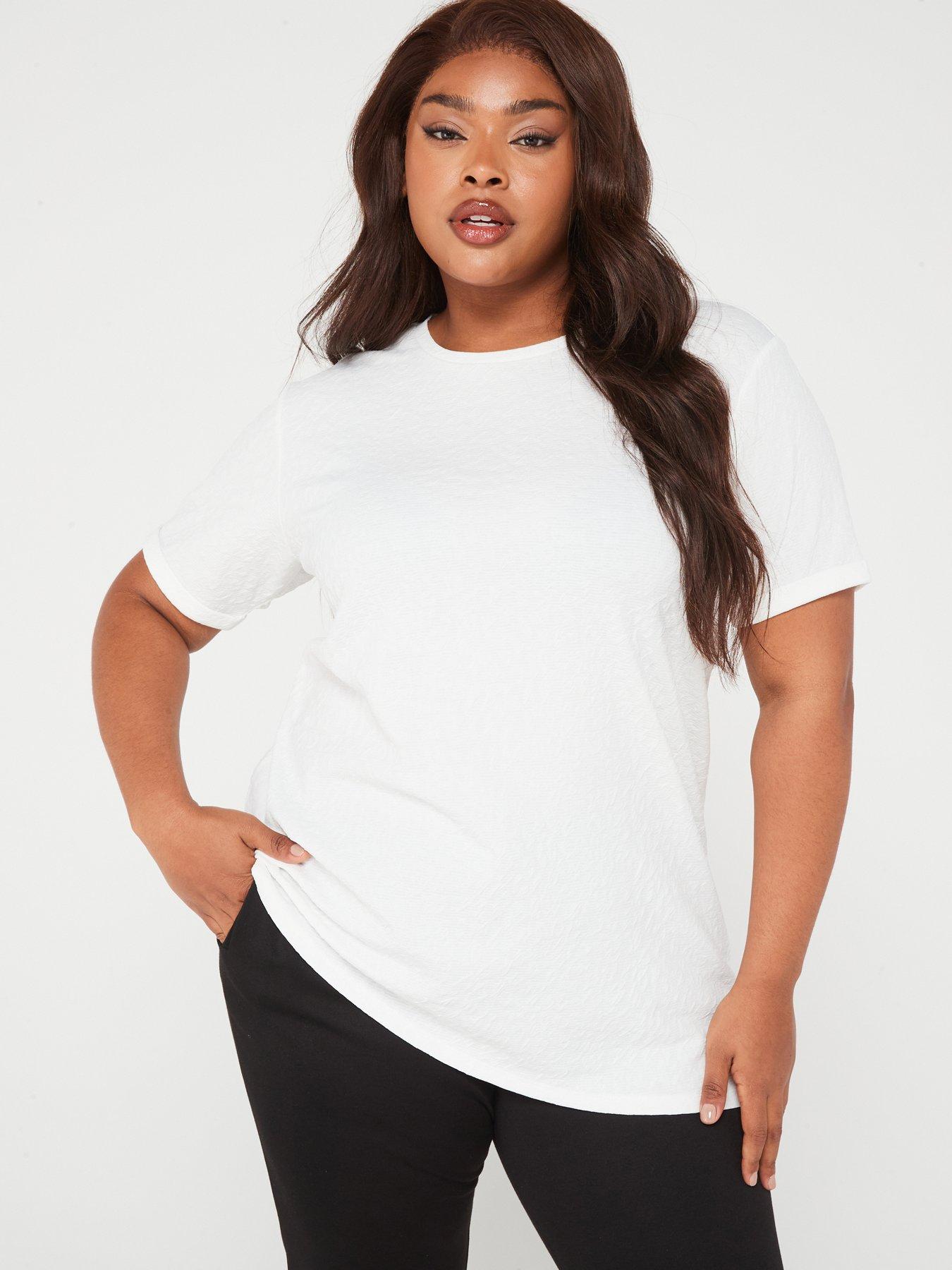 Image 1 of 6 of V by Very Curve Asymmetrical Hem Textured Short Sleeve T-Shirt - White