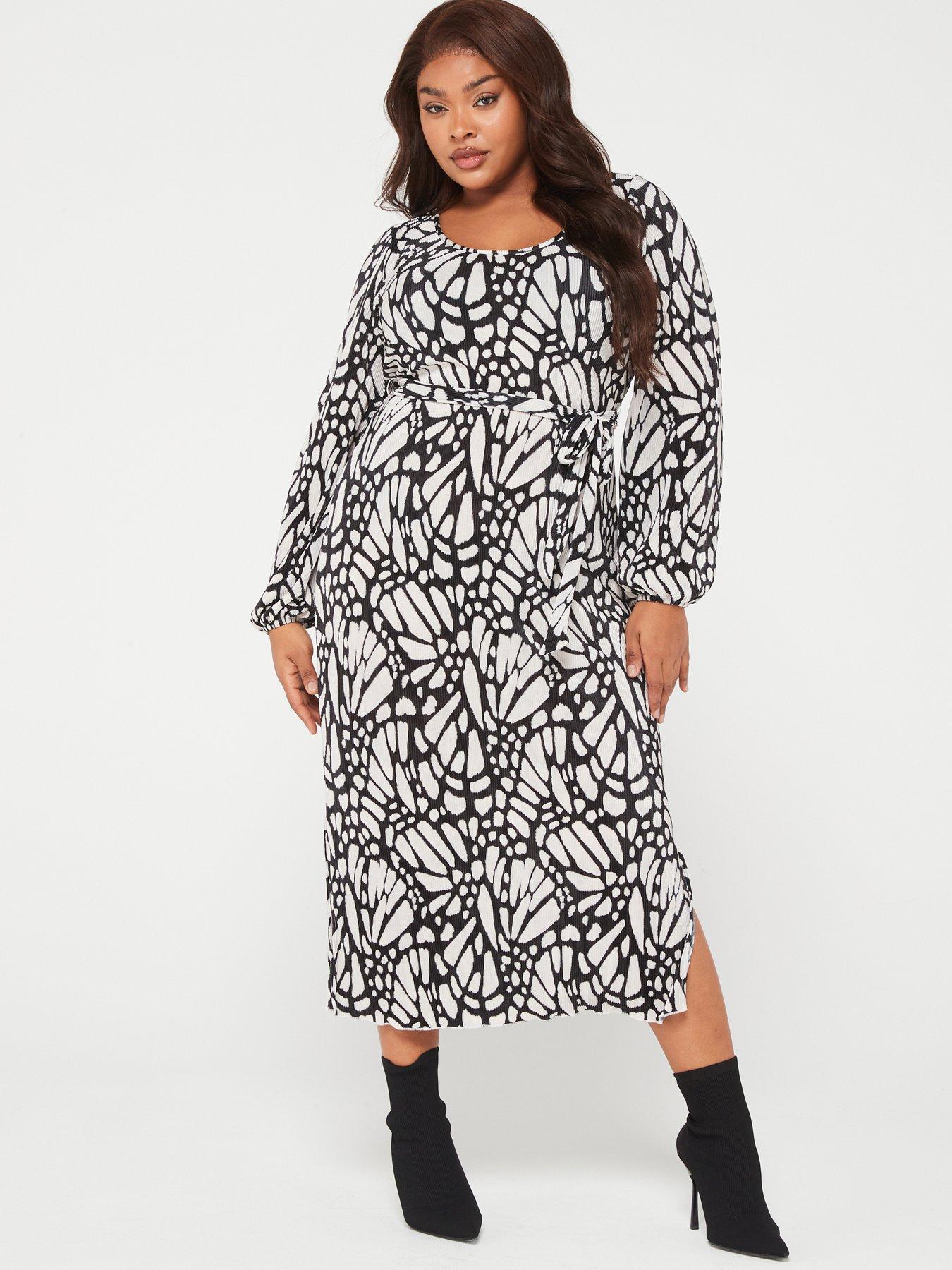 V by Very Curve Printed Plisse Scoop Neck Midi Dress - Black/White