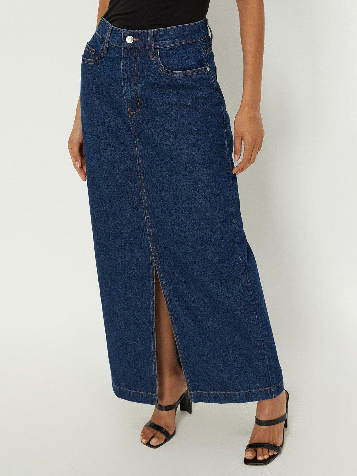 High Waisted Split Front Denim Maxi Skirt