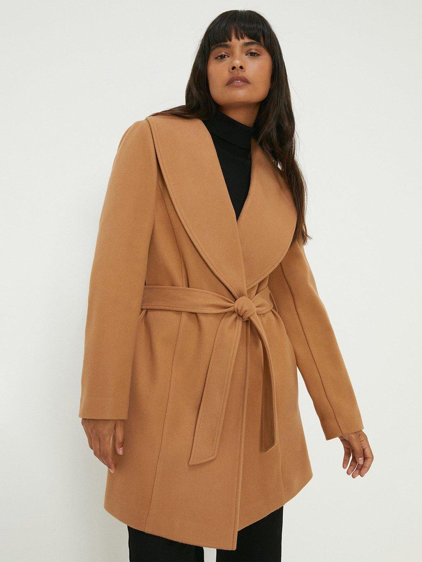 Women's Wide Collar Wrap Coat - Short-Length - Camel Small / Camel