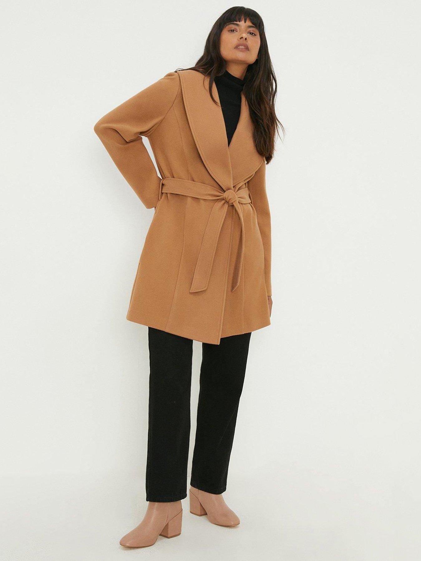 Women's Wide Collar Wrap Coat - Short-Length - Camel Small / Camel