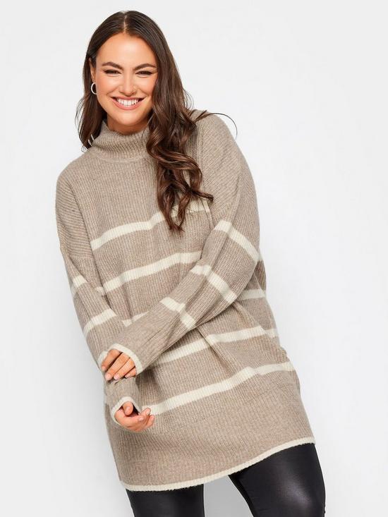 front image of yours-high-neck-stripe-jumper-neutral
