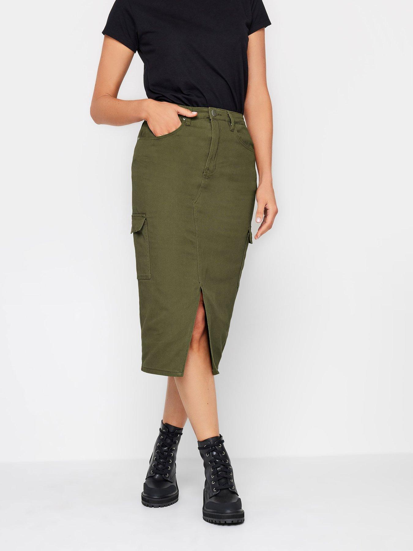 Khaki pencil skirt with belt clearance loops