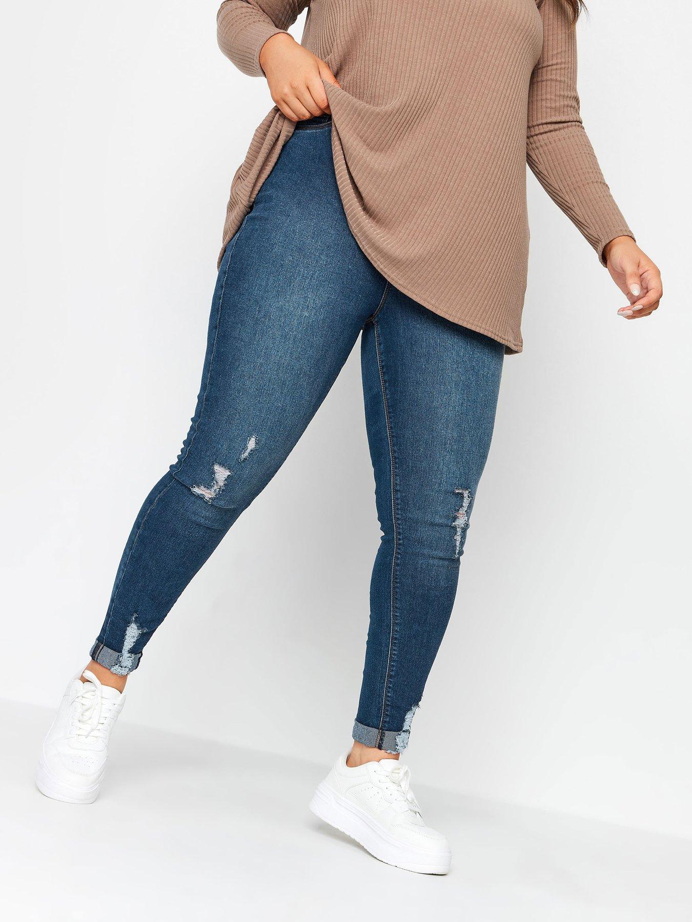 Plus Size Washed Blue Frayed Ripped GRACE Jeggings