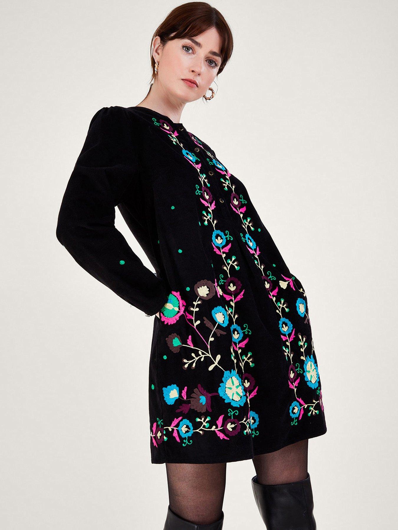 Image 1 of 5 of Monsoon Kim Cord Embroidered Short Dress - Black