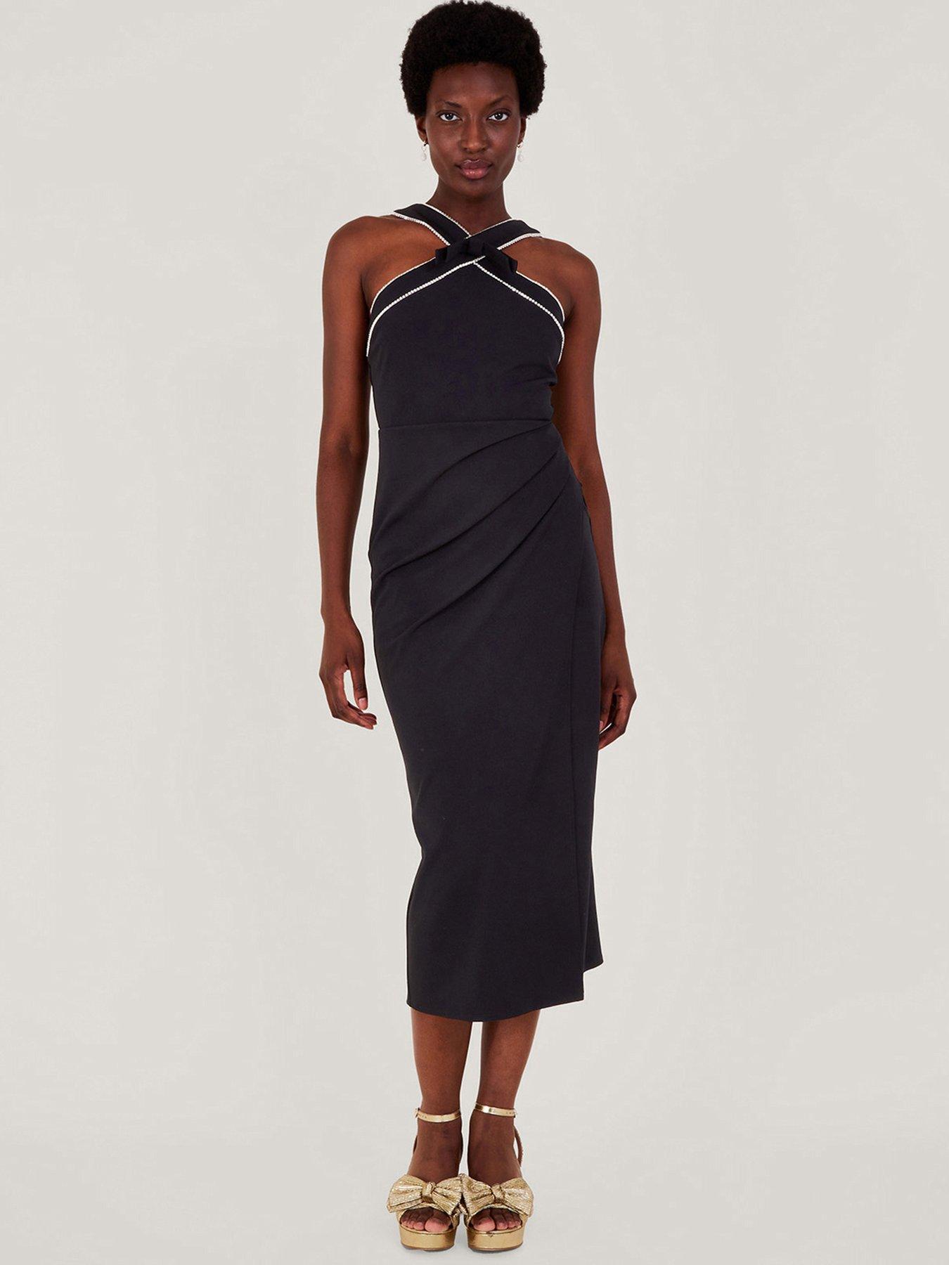 Black Satin Halter Asymmetrical Midaxi Dress