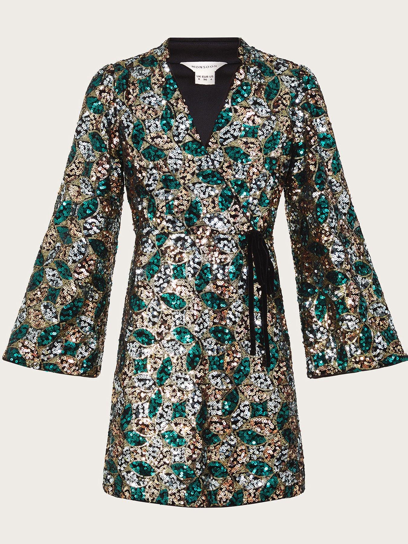 Monsoon Sasha Sequin Wrap Dress - Gold | Very