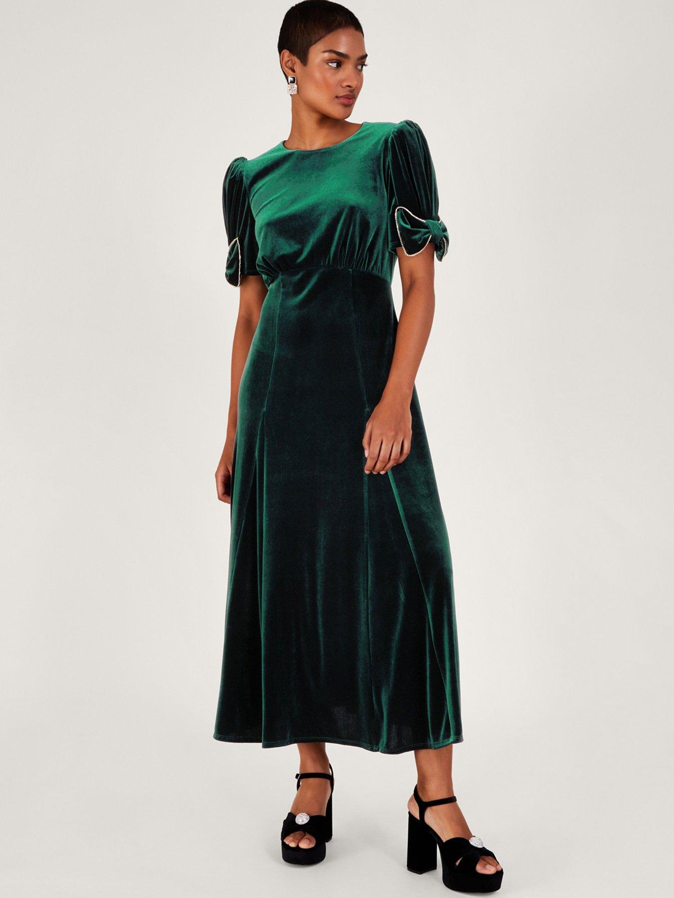 Monsoon Belle Velvet Bow Dress - Green | Very.co.uk