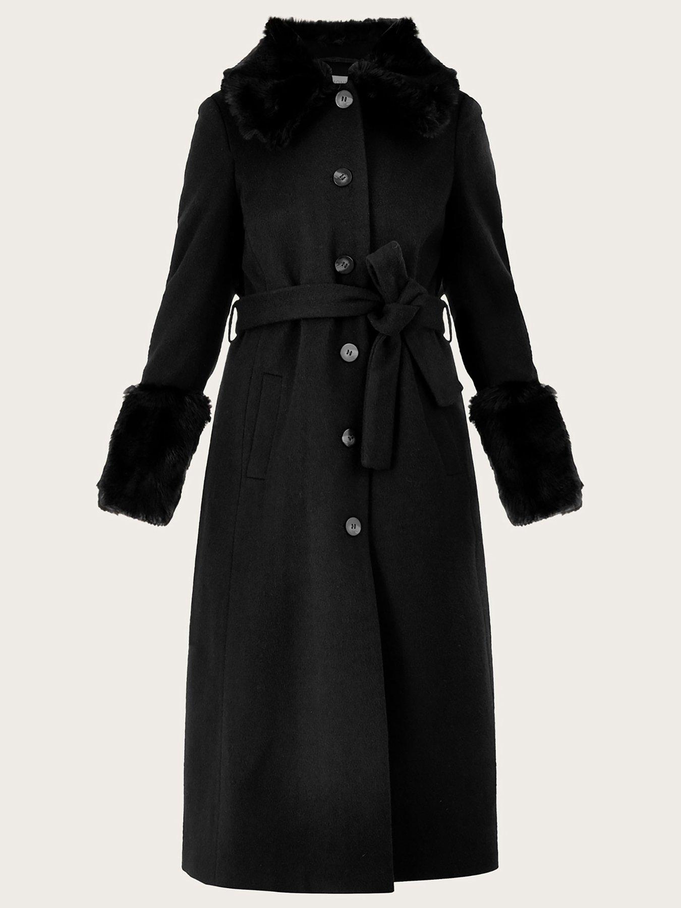 Monsoon Felicity Faux Fur Trim Belted Wool Coat Black very