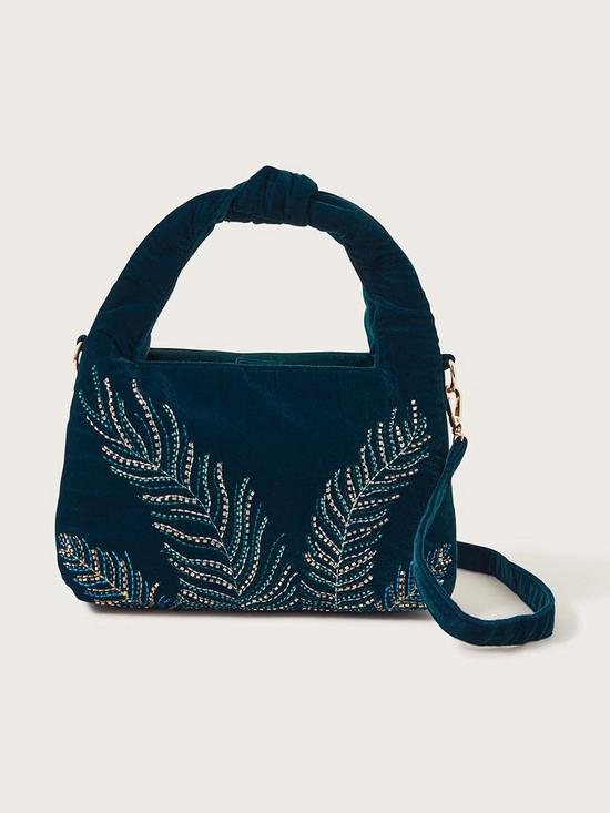 front image of monsoon-feather-emb-velvet-top-knot-bag