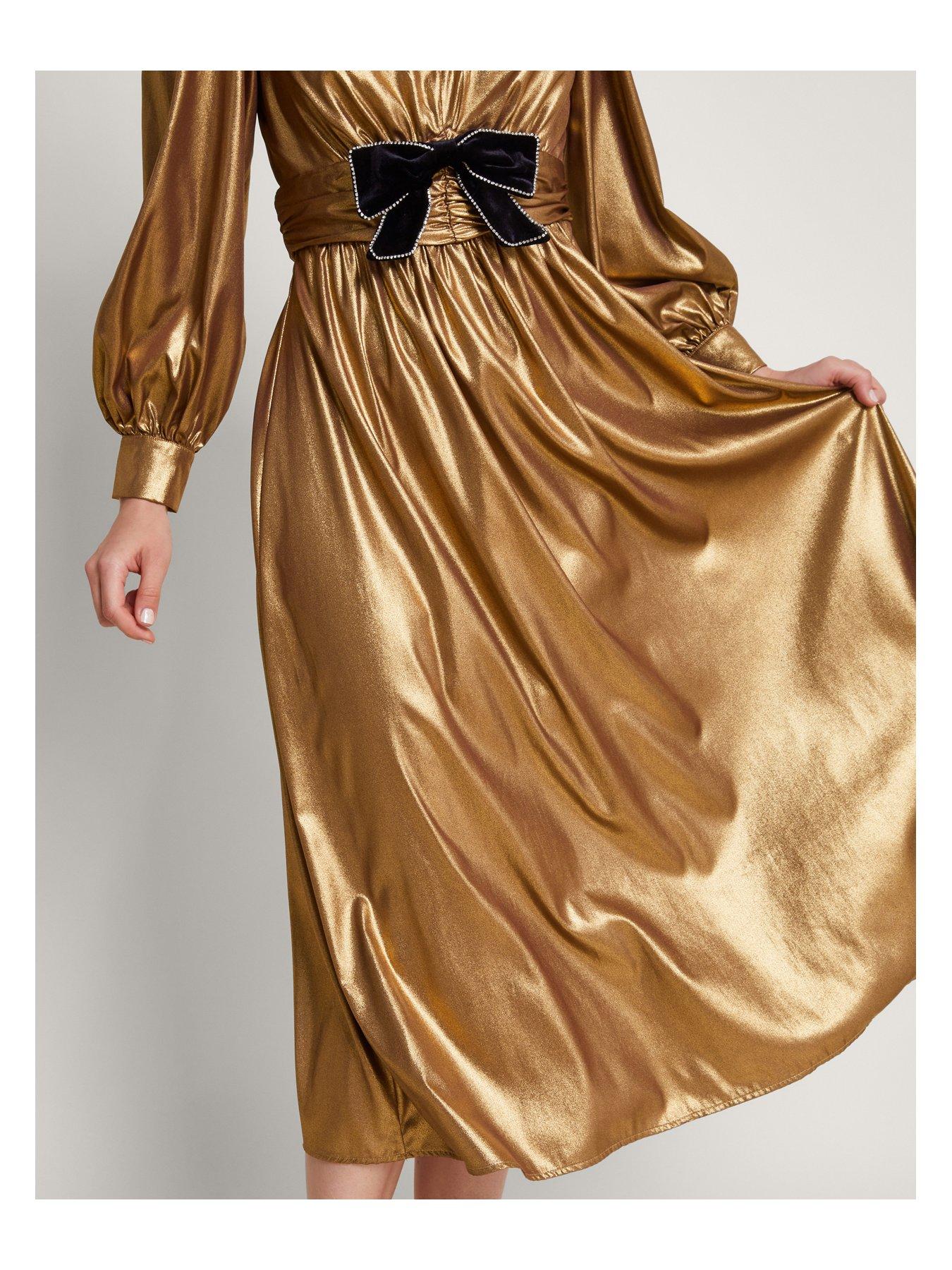 Monsoon Gracie Bow Midi Dress - Gold | Very