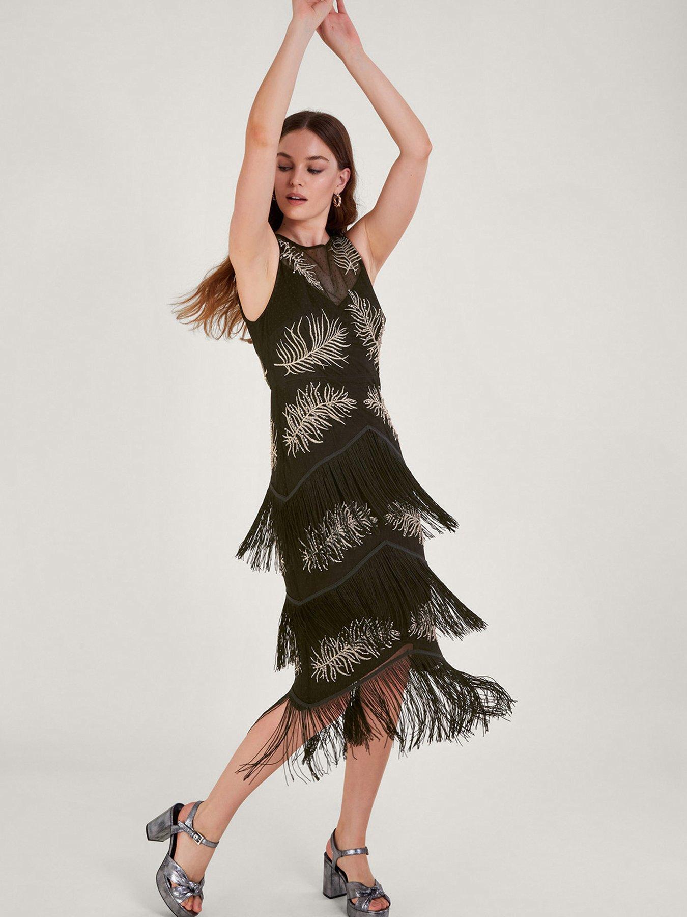 Long black fringe dress sale