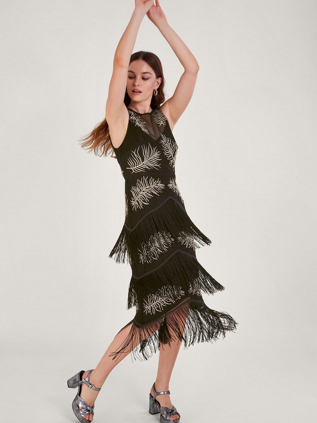 Fari Embroidered Fringe Dress Black
