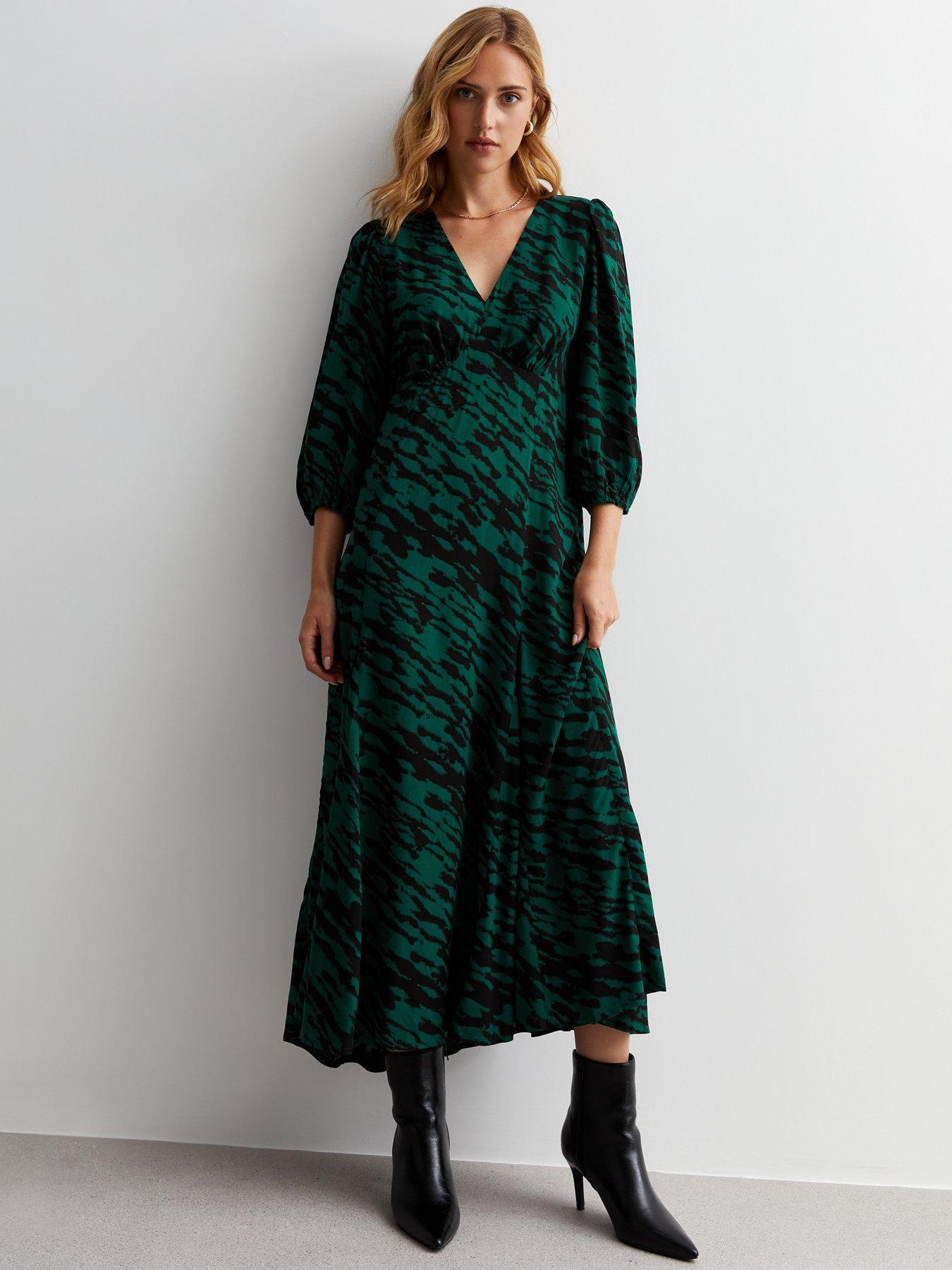 Green Abstract Print V Neck Midaxi Tea Dress