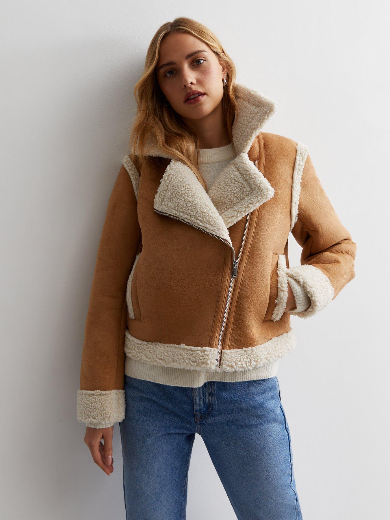 Tan Faux Shearling Cropped Aviator Jacket