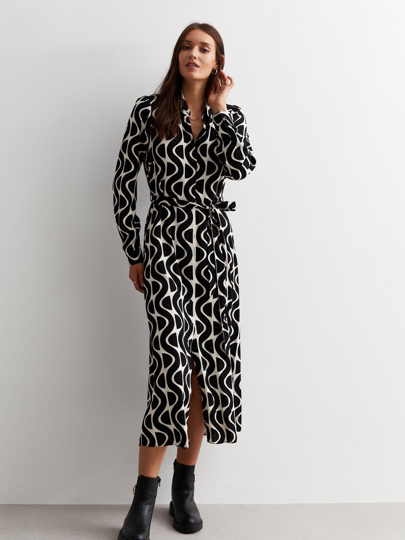 New Look Black Geometric Print Belted Midaxi Shirt Dress