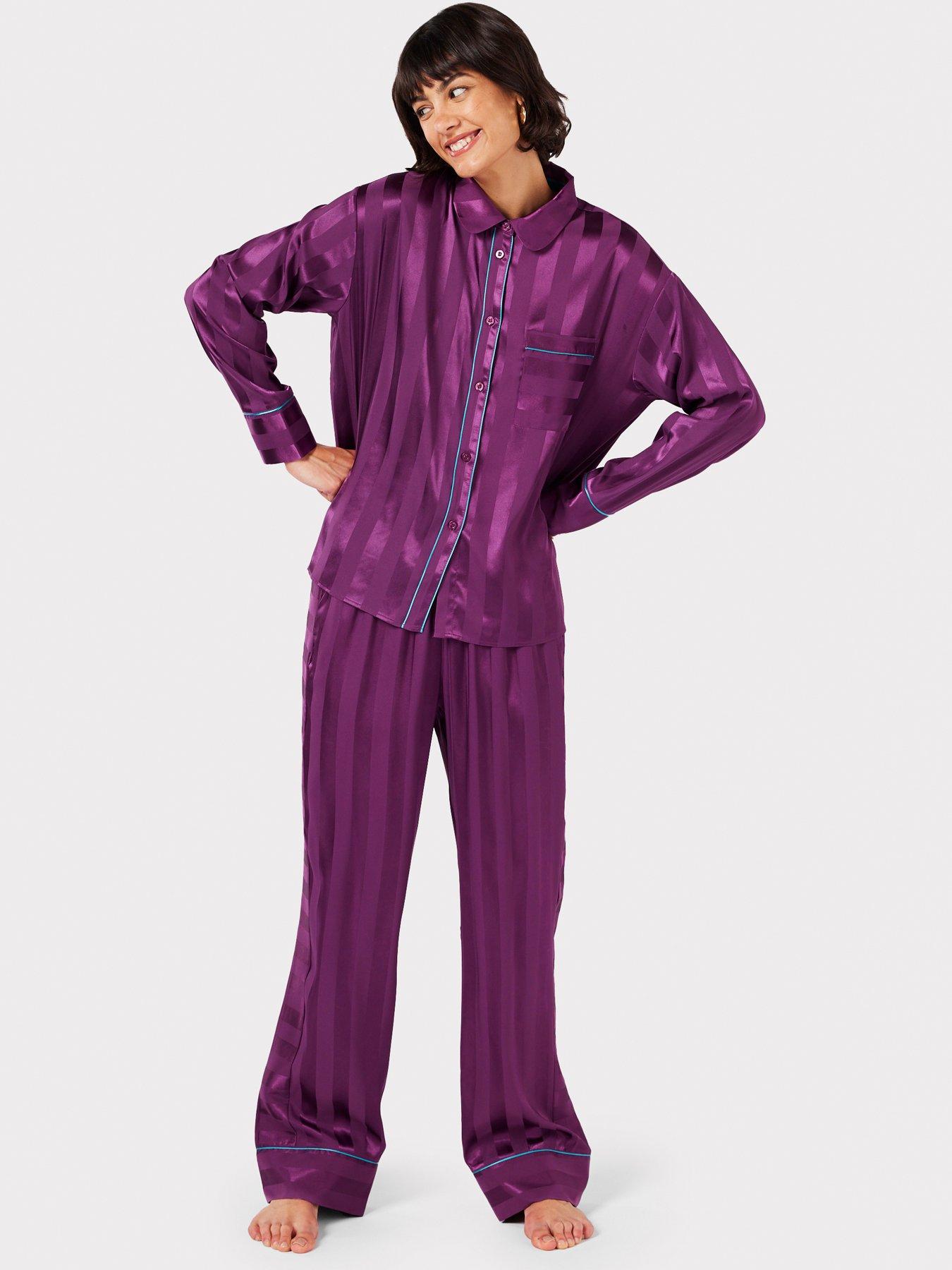 CHELSEA PEERS Satin Stripe Long Pyjama Set Purple Very