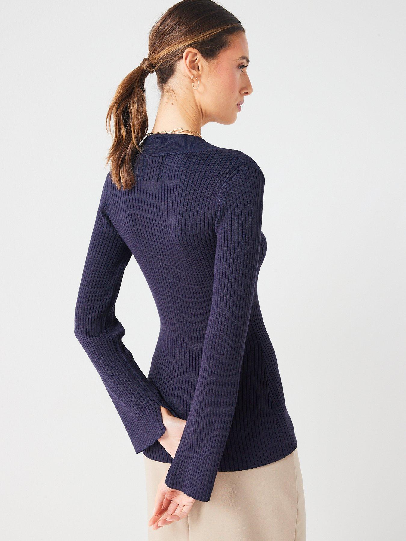 Fig & Basil V Neck Split Hem Knitted Long Sleeve Top - Navy | Very.co.uk