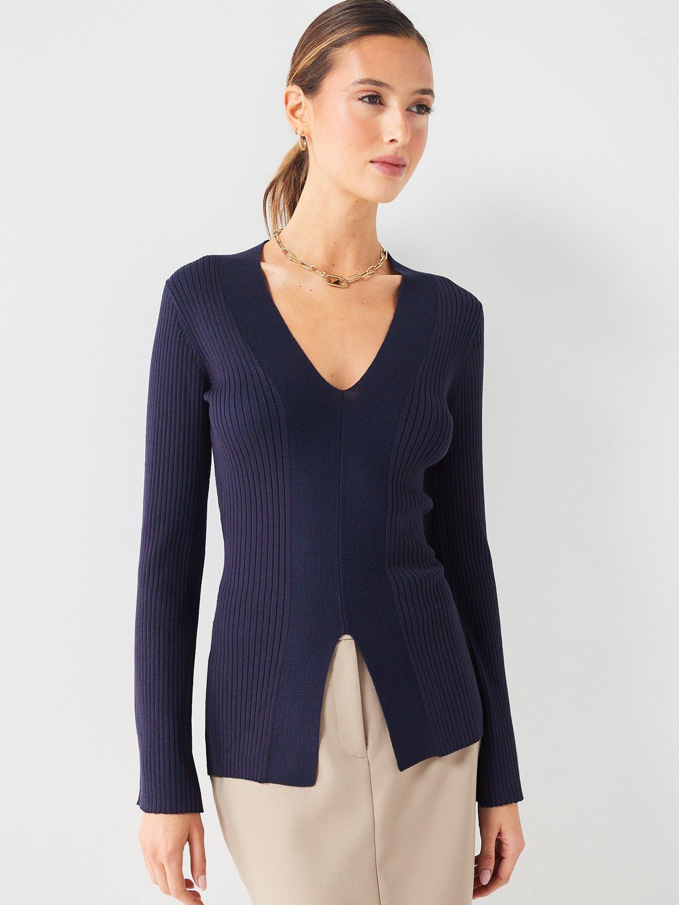 Fig & Basil V Neck Split Hem Knitted Long Sleeve Top - Navy | Very.co.uk