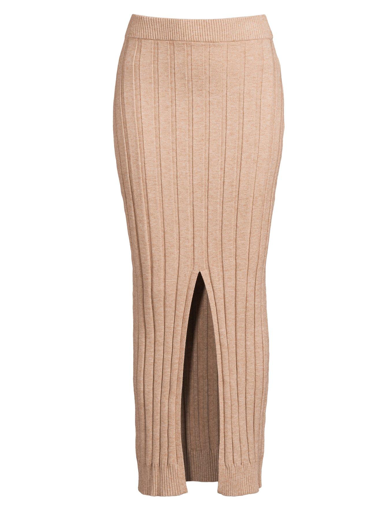 V by Very X Hattie Bourn Ribbed Knit Midi Skirt Co Ord Beige
