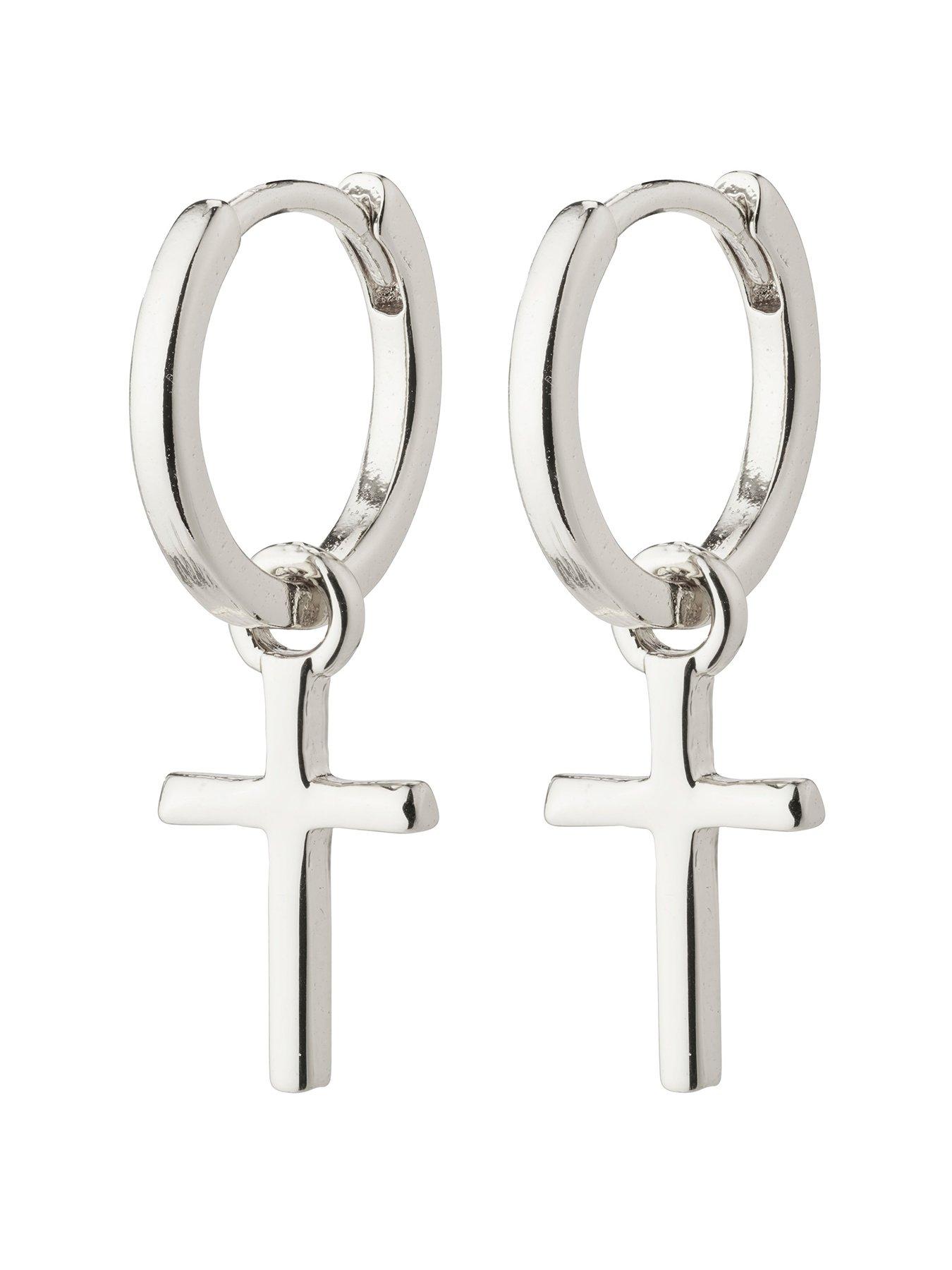 Product photograph of Pilgrim Daisy Cross Hoops Silver-plated from very.co.uk