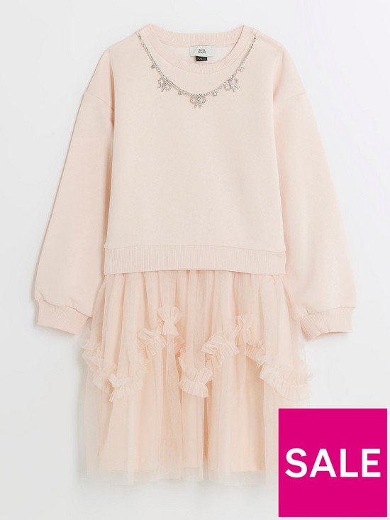 front image of river-island-girls-frill-hybrid-party-dress-pink
