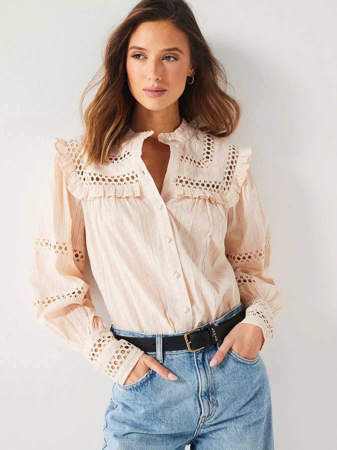 Collarless Blouse With Shirred Cuffs