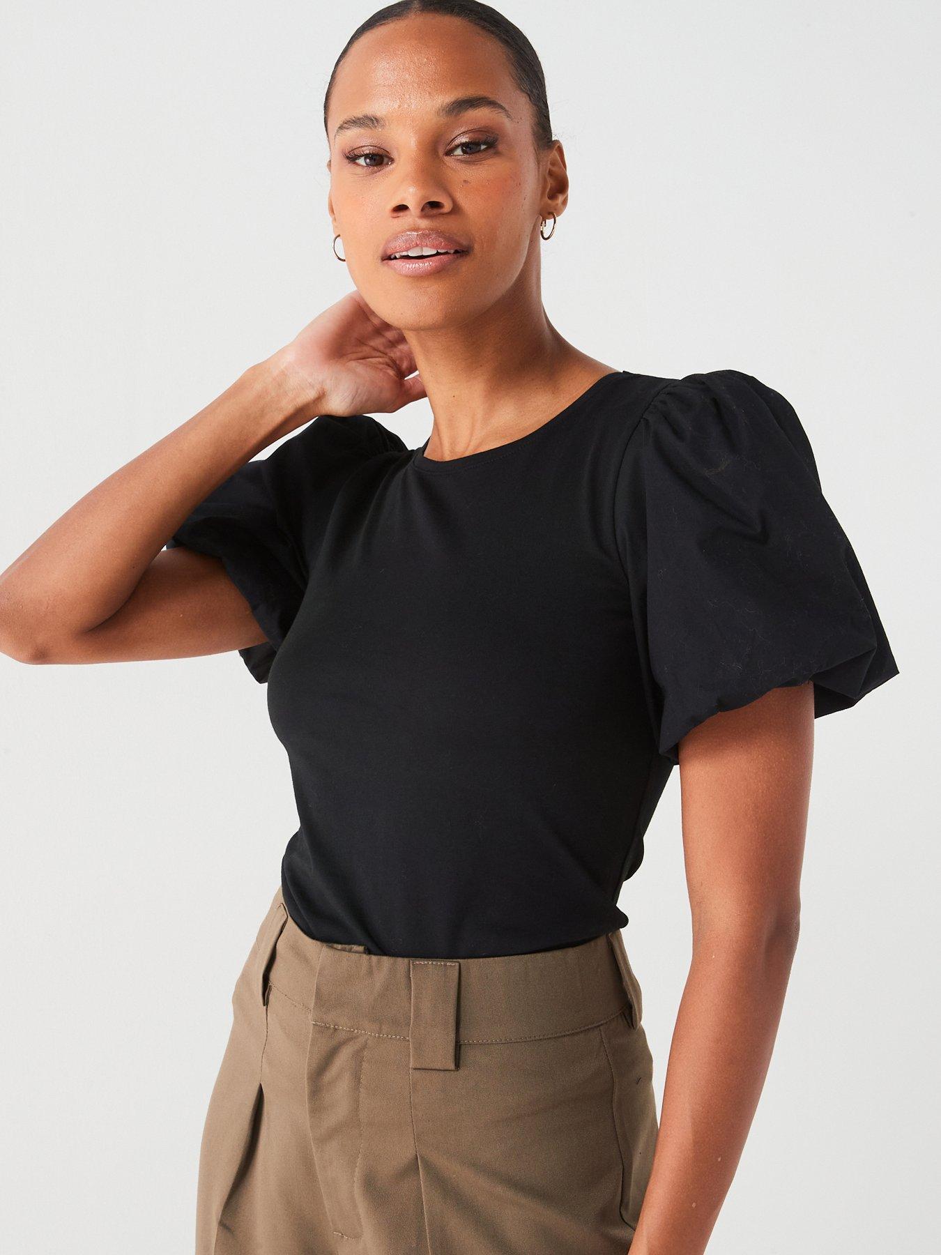 Woven Puff Sleeve Top Black