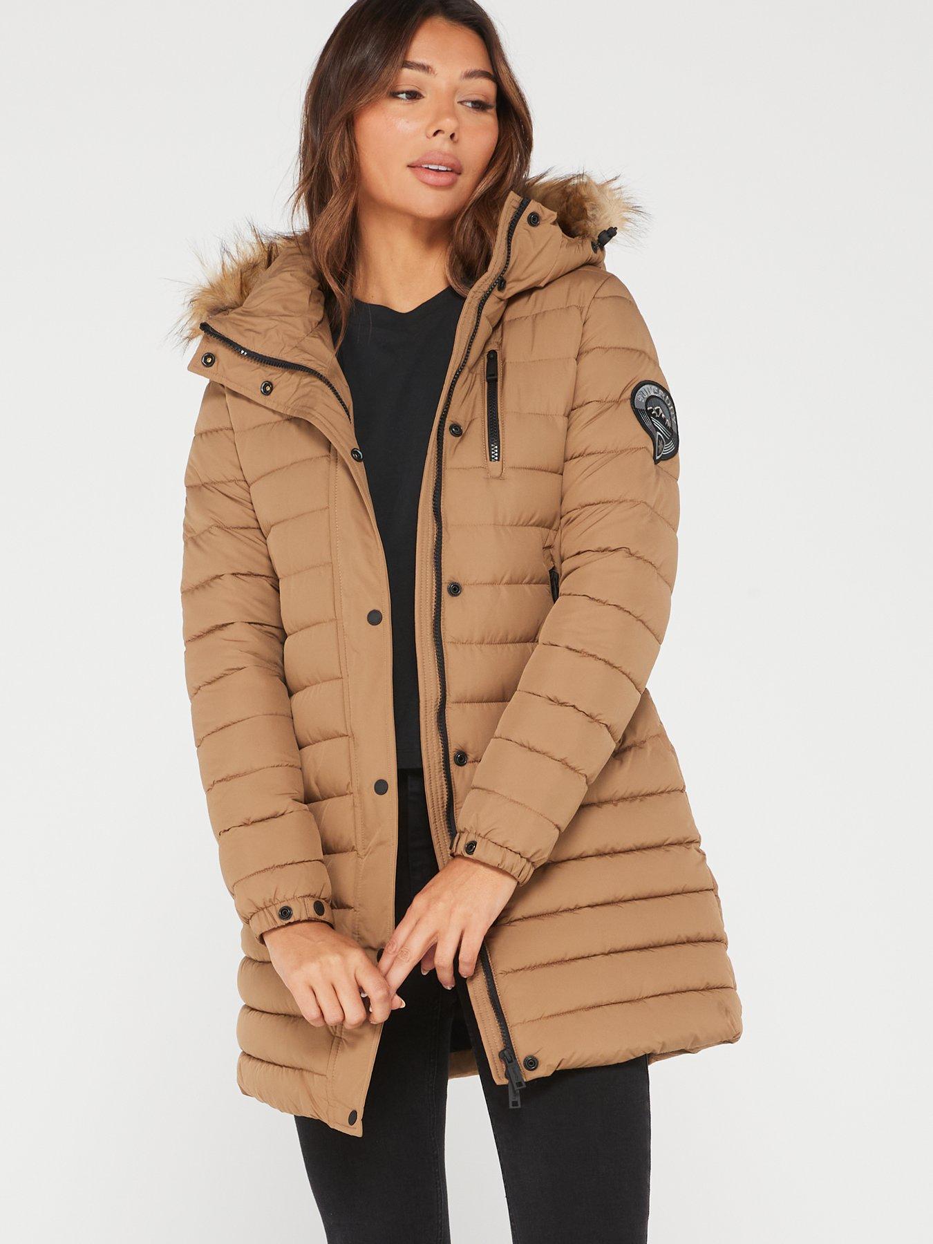 Superdry Fuji Hooded Mid Length Puffer Coat - Brown | Very.co.uk