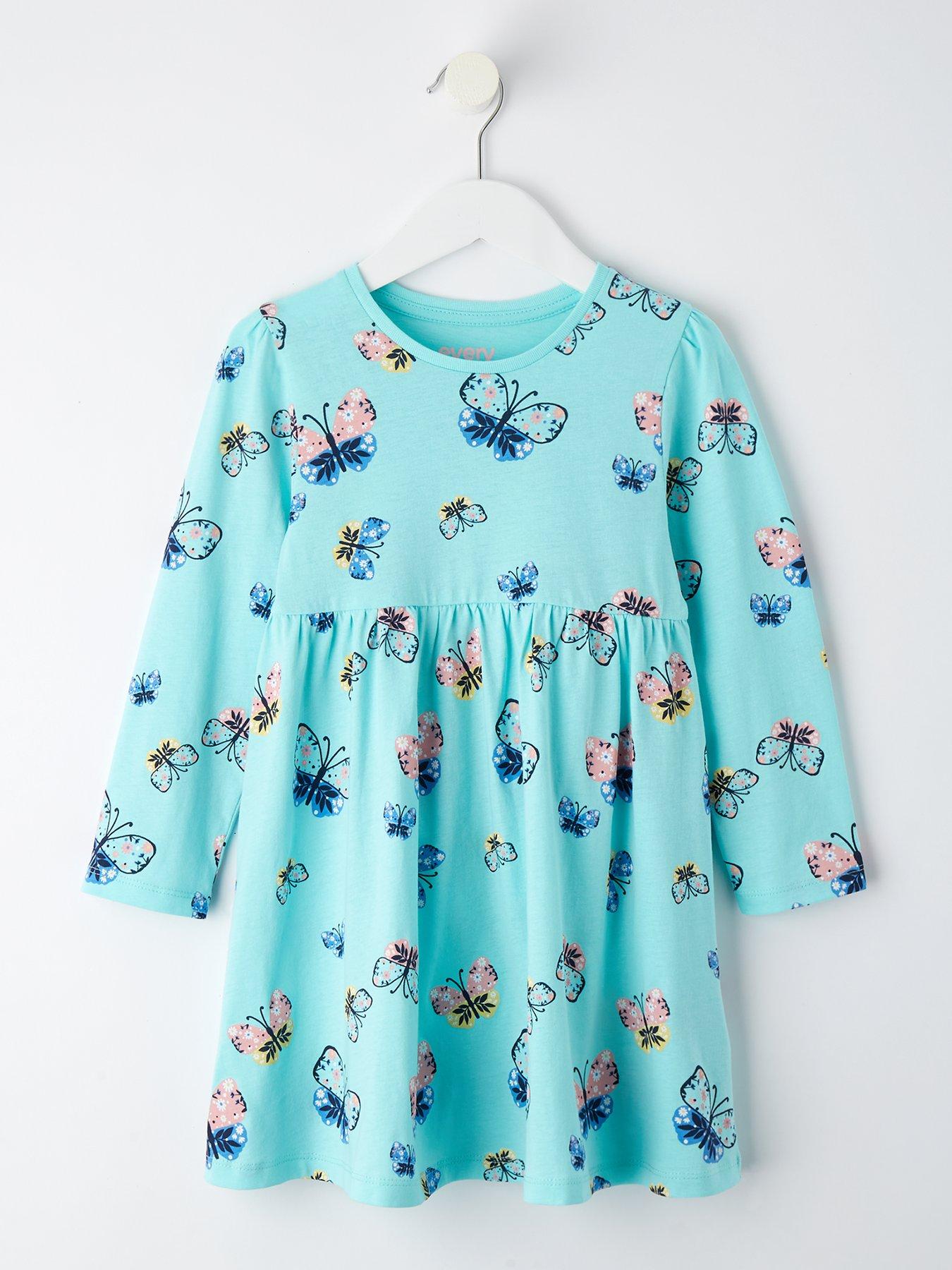 Everyday Girls Long Sleeve Butterfly Print Jersey Dress - Blue