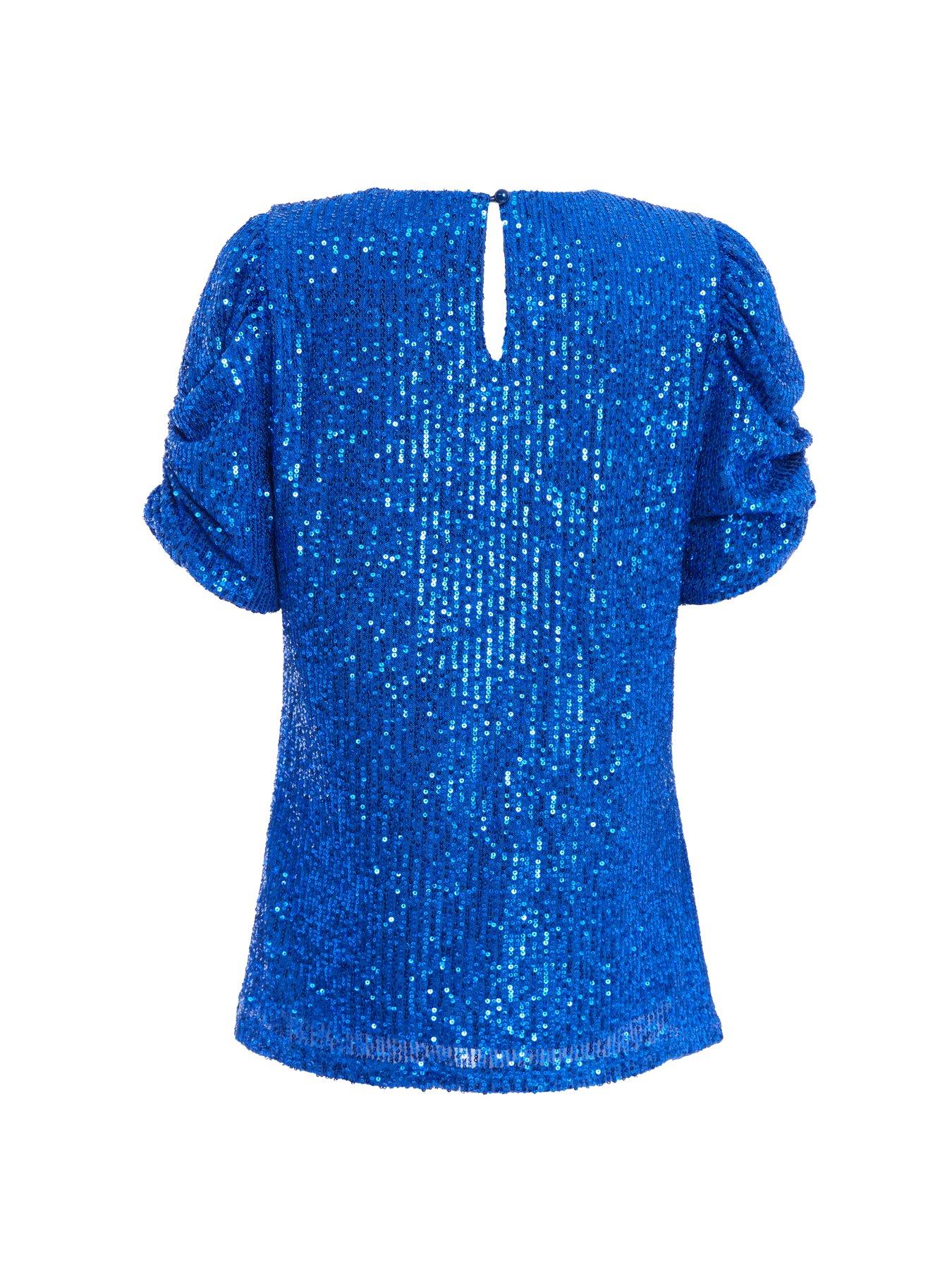 Quiz Sequin Short Sleeve Top - Blue | Very.co.uk