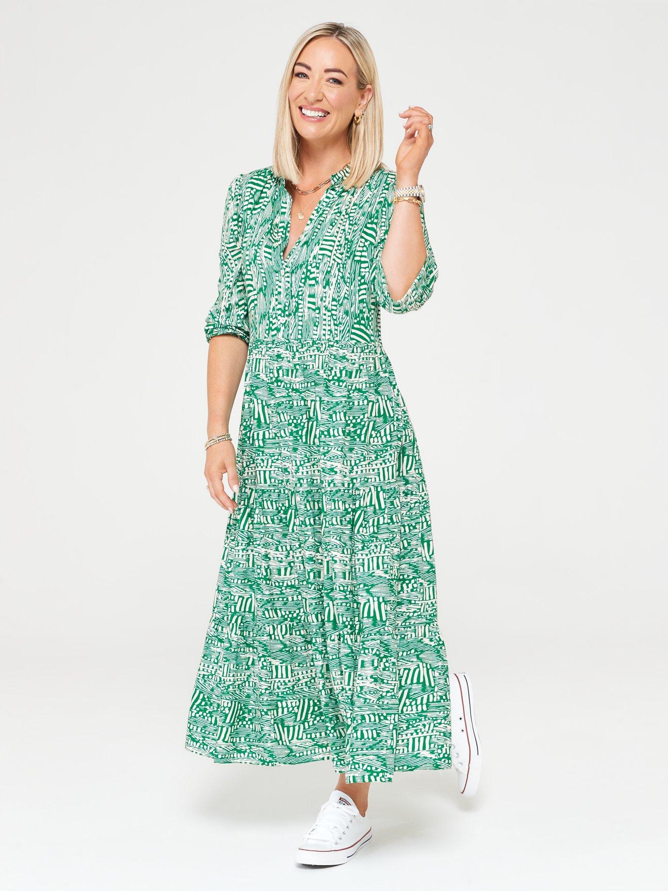 Green Shirt Dress Long Sleeve Tiered