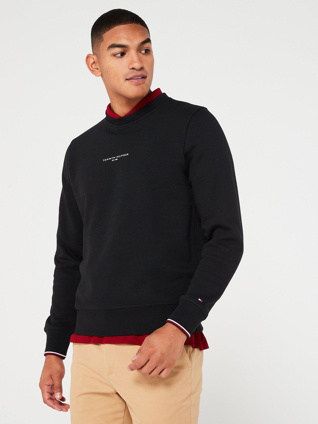 Tommy Hilfiger Logo Tipped Crewneck Sweatshirt - Black | Very.co.uk