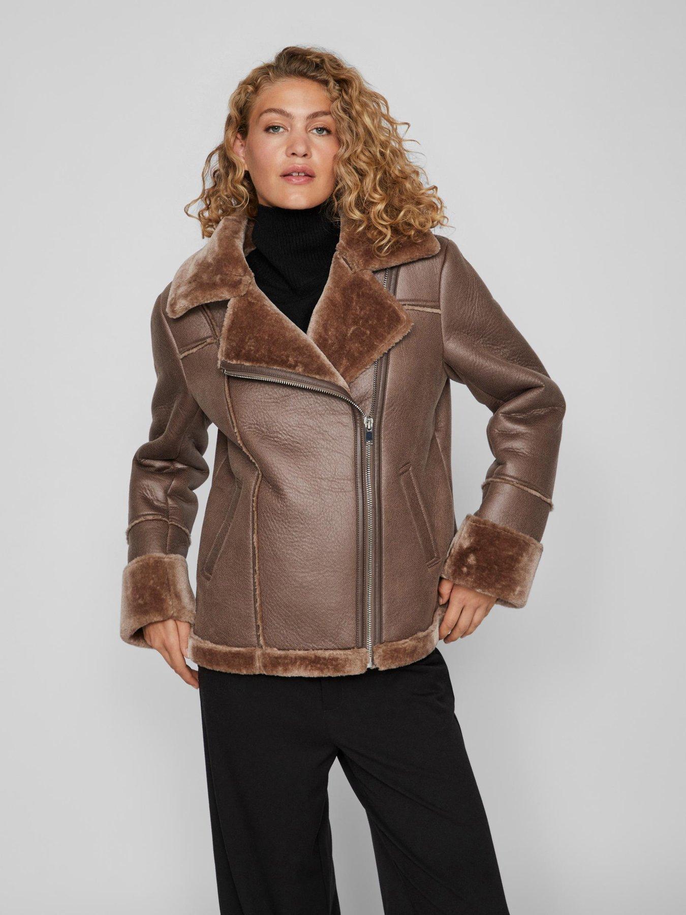 Faux Fur Lined Zip Detail Aviator Jacket in Brown - Roman Originals UK