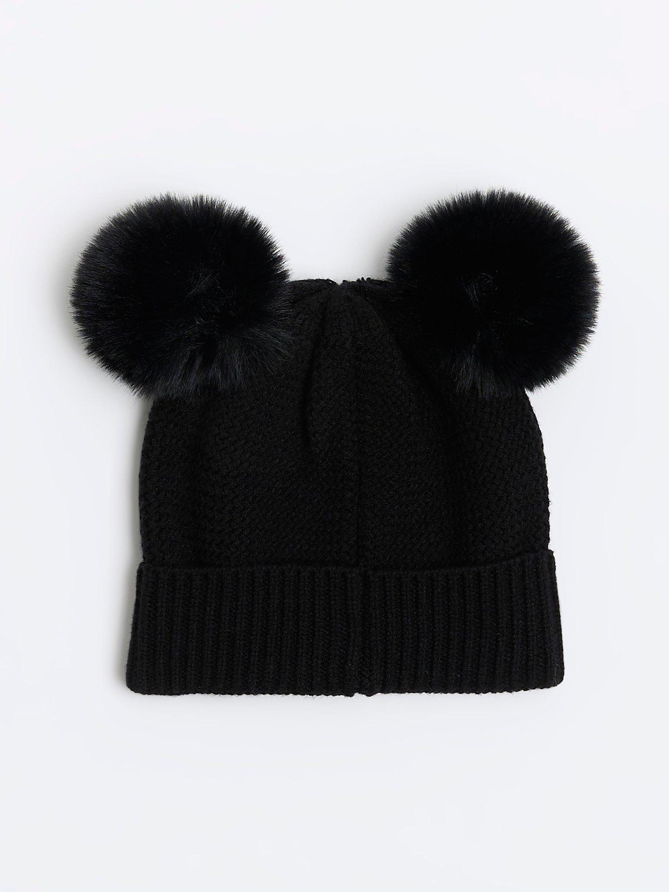 River Island Girls Pom Pom Beanie Hat Black very.co.uk
