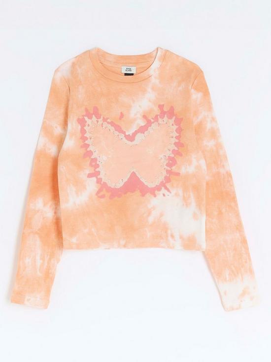 front image of river-island-girls-tie-dye-butterfly-long-sleeve-top-coral