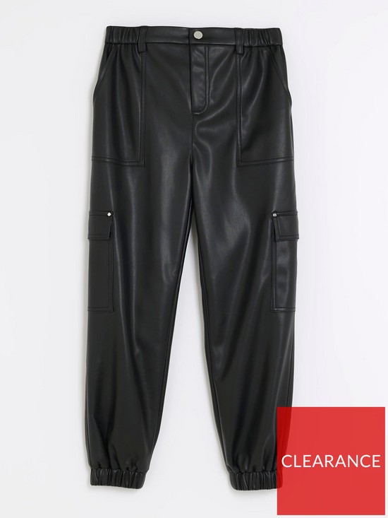 front image of river-island-girls-faux-leather-cargo-trousers-black
