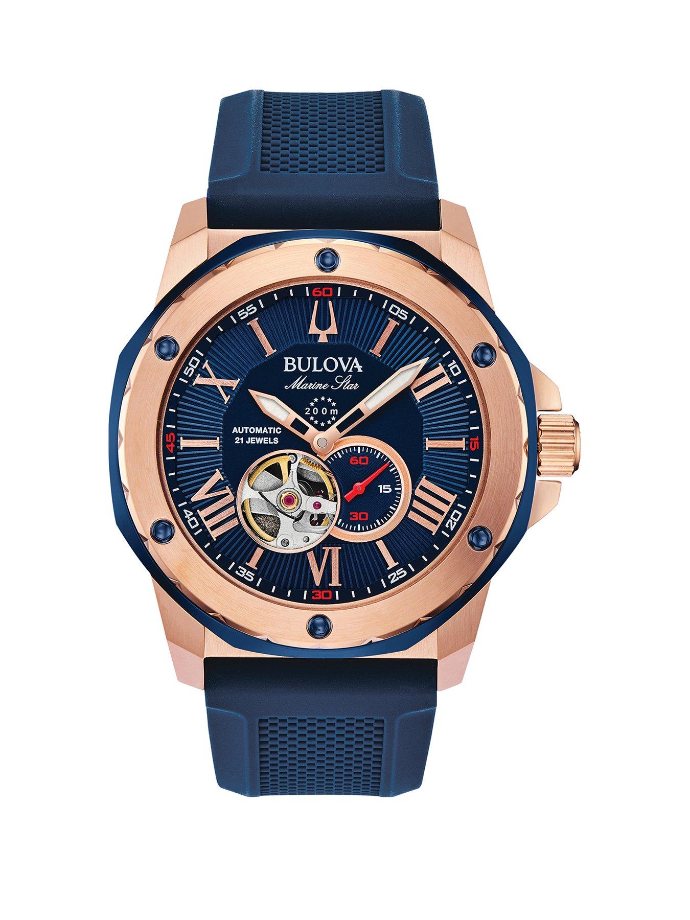 Product photograph of Bulova Mens Marine Star Silicone Strap Watch from very.co.uk