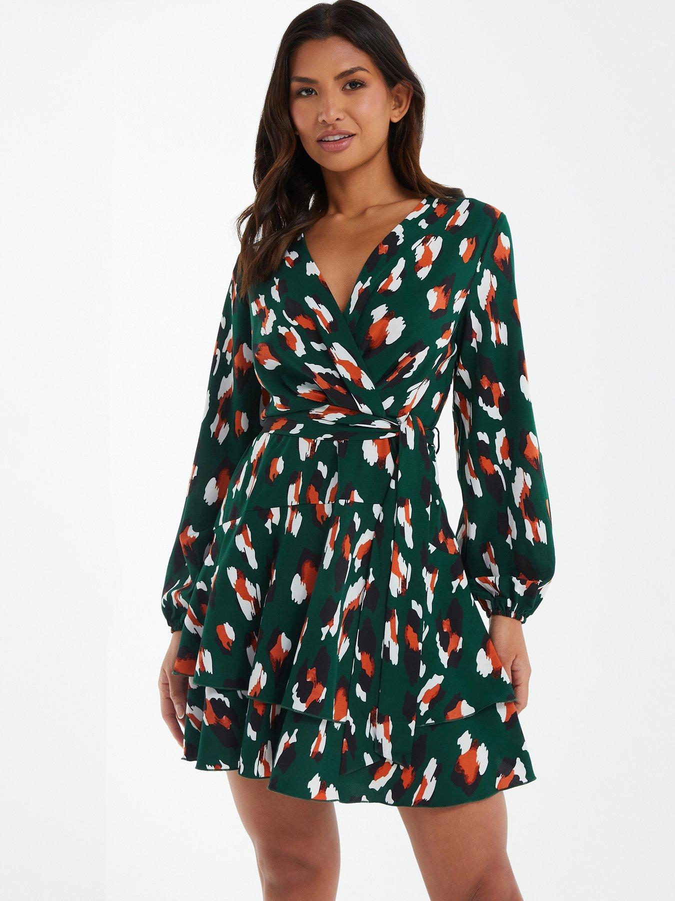 quiz-green-animal-print-satin-skater-mini-dress