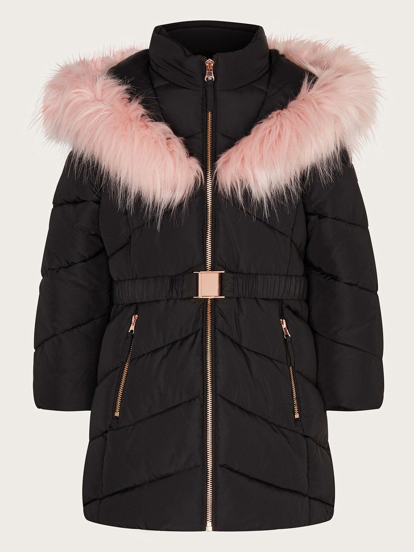 River Island monogram padded belted jacket with faux fur hood in brown