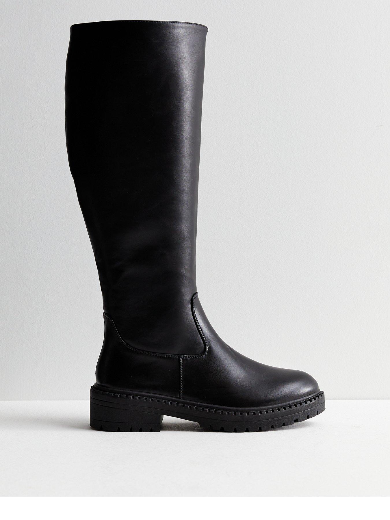 New Look Extra Calf Fit Black Leather-Look Chunky Knee High Boots ...