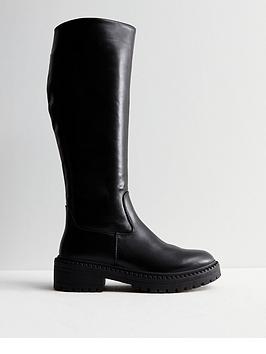 new look black leather-look chunky knee high boots